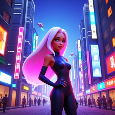 A character resembling "Ahri" stands amidst a futuristic city filled with vibrant neon lights. She has long, flowing hair that glows softly in the colorful illumination. The city skyline features tall skyscrapers with bright signage and holographic advertisements. "Flying cars" zip through the air, leaving trails of light behind them. The streets below are bustling with activity, with people walking and engaging with advanced technology. "Ahri" wears a sleek, modern outfit that blends with the high-tech environment.