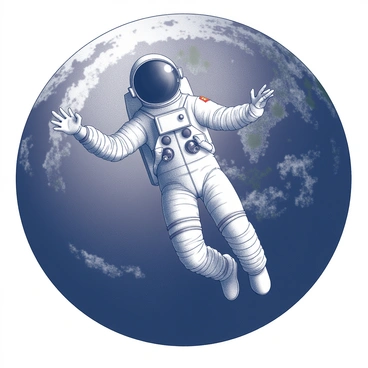 An astronaut in a space suit is floating in free-fall. The astronaut is oriented horizontally, arms and legs extended. The helmet features a reflective visor that captures the surrounding environment. In the background, the Earth is partially visible, showcasing continents and cloud formations. The vastness of the dark space surrounds the astronaut, emphasizing the sense of weightlessness. The scene is devoid of any other spacecraft or celestial bodies.