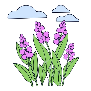 A cluster of milkweed plants with green leaves and clusters of pink flowers. The leaves and flowers are adorned with clear raindrops that reflect light, giving them a glistening appearance. Above, a cloudy sky casts a soft light on the scene, enhancing the vividness of the colors in the plants.