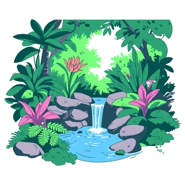 A duotone illustration features a lush secret garden filled with vibrant exotic plants in varying shapes and sizes. Vivid green leaves and colorful flowers bloom throughout the scene, creating a rich tapestry of nature. In the center, a small waterfall cascades over smooth stones, sending a gentle spray into the air. The water flows into a tranquil pool below, surrounded by ferns and moss-covered rocks. Sunlight filters through the canopy of leaves above, casting dappled shadows on the ground.
