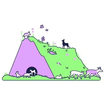 A variety of animals are adapting to a new terrain created by a reverse dip-slip fault. In the foreground, a group of deer is grazing on the newly exposed grasslands, their posture alert as they navigate the uneven ground. To the left, a family of rabbits emerges from a burrow located at the foot of a steep, jagged hill formed by the fault movement. Near the edge of the hill, a solitary fox is watching the scene with keen interest, its fur blending with the surrounding landscape. In the background, several birds are flying above, scouting for food over the altered landscape, while patches of wildflowers grow in the crevices of the terrain, showcasing resilience amidst the changes.