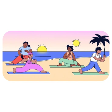 A group of five people practicing yoga on a sandy beach during sunrise. The individuals are in various yoga poses, such as downward dog, tree pose, and warrior pose. The sandy beach is light beige with gentle waves lapping at the shore. The sky is painted in shades of pink, orange, and soft yellow as the sun begins to rise on the horizon. Each person is wearing comfortable workout clothing in different colors. In the background, there are a few silhouettes of palm trees gently swaying in the morning breeze.
