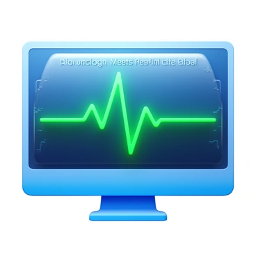 A digital screen featuring a heart line graph in bright green color. The heart line displays peaks and valleys, representing a heartbeat. The background of the screen is sleek and modern, with a soft glow illuminating the edges. There are subtle circuit patterns integrated into the screen design, symbolizing technology. Text on the screen reads "Technology Meets Health" in a clear, bold font.