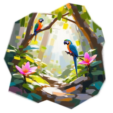 A lush tropical forest scene populated with a variety of exotic plants and animals. The forest is filled with dense green foliage, showcasing large leaves and colorful flowers. Among the greenery, vibrant birds with striking plumage can be seen perched on branches. A playful monkey hangs from a tree limb, adding a sense of life to the composition. The forest floor is rich with ferns and underbrush, while rays of sunlight filter through the canopy, creating dappled patterns on the ground. Each element contributes to the overall richness and diversity of this tropical ecosystem.