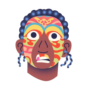 A face with brown skin is wearing a traditional mask from the African culture. The mask features intricate carvings and vibrant colors, including red, yellow, and blue patterns. The eyes of the mask are wide and expressive, and the mouth is adorned with stylized shapes. The background is softly blurred to emphasize the face and mask, highlighting the details in the artwork. The person's hair is styled in short braids, peeking out from beneath the mask, adding depth to the overall composition.