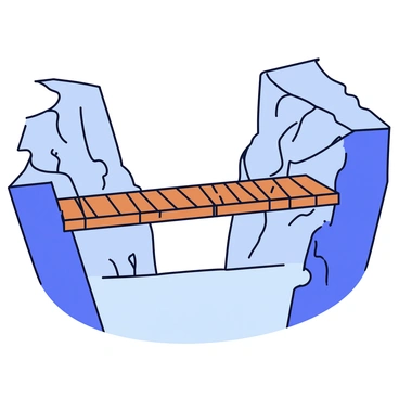 A rickety bridge made of wooden planks and ropes, showing signs of wear and age. The bridge stretches across a deep gorge filled with swirling gray mist. The edges of the gorge are lined with jagged rocky cliffs, partially obscured by the mist. The atmosphere conveys a sense of adventure and mystery as the bridge sways slightly, suggesting a precarious crossing.