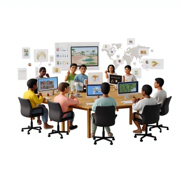 A diverse group of artists from various cultures and ethnic backgrounds engaged in sharing their artwork in a vibrant online forum setting. Each artist is seated at their own workspace, showcasing their unique creations on screens, including paintings, sculptures, and digital art. The atmosphere is collaborative, with some artists discussing their techniques while others are admiring each other's pieces. The forum interface displays colorful thumbnails of artwork, and speech bubbles indicate active conversations. The background hints at a global connection with world maps and art references subtly incorporated into the design.
