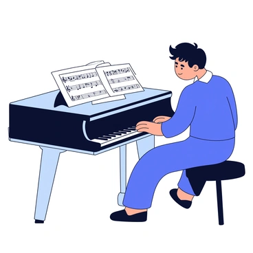A grand piano is positioned in the center of the image. A pianist sits on a black stool, their fingers gently resting on the keys. The pianist is depicted with a thoughtful expression, gazing off into the distance as if caught in a moment of inspiration. Sheet music is spread out on the piano, displaying notes and symbols in a structured layout. Soft light illuminates the scene, enhancing the focus on the pianist and the grand piano.