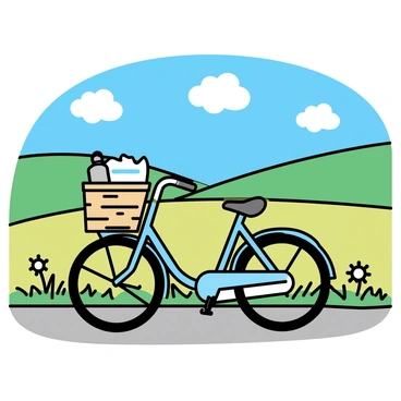 A vintage-style bicycle with a light blue frame and a wicker basket mounted on the front. Inside the basket, there is a silver thermos and a folded map partially sticking out. The bicycle is parked on a gravel path surrounded by lush green fields and wildflowers. In the background, there are rolling hills under a clear blue sky, with a few fluffy white clouds scattered throughout.