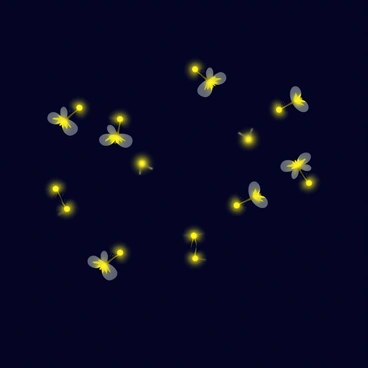 A group of fireflies glowing softly in the night sky. Each firefly emits a bright yellow light, creating a beautiful display as they fly in a synchronized manner. The fireflies are scattered in various positions, forming patterns that resemble a dance. The background is dark, emphasizing the warm glow of the fireflies as they move gracefully through the air.