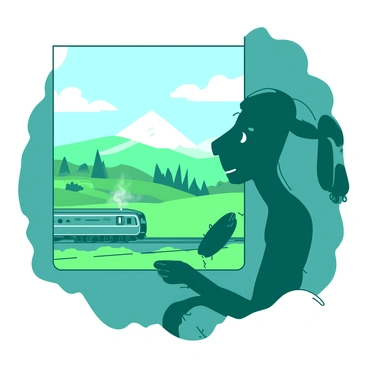 A teal slowboy is sitting by the window of a train, looking outside with a thoughtful expression. The landscape outside is a blend of rolling hills and fields, with trees and a distant mountain range visible. The train's interior is cozy, with soft lighting illuminating the scene. The slowboy's hands are resting on his lap, and his gaze is fixed on the greenery that moves slowly past the window. The train's reflection can be seen faintly in the glass, adding depth to the view.