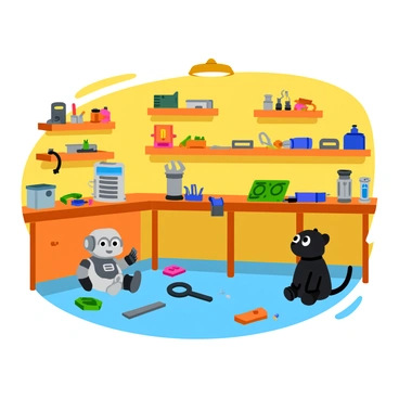 A cozy robot repair shop with warm wooden shelves lined with various tools. Robot parts, including gears, wires, and circuit boards, are scattered across a workbench. In one corner, a small robotic pet with a shiny metallic body and playful eyes sits, looking curiously at the surroundings. A soft glow from an overhead lamp highlights the scene, casting gentle shadows on the walls. The floor is cluttered with bits of metal and scraps, adding to the workshop's busy atmosphere.