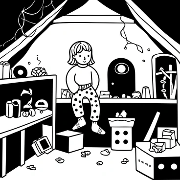 An old, cracked doll sitting on a wooden shelf in a dusty attic. The doll has tattered clothing and its porcelain skin is chipped in several places. Cobwebs stretch across the corners of the attic, and dust particles float in the air. Shadows appear to move around the doll, creating an eerie atmosphere. Old toys and boxes are scattered around the floor, adding to the sense of abandonment. A faint light source illuminates the scene from a small window, casting long shadows.