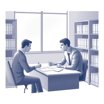 A parole officer is sitting at a desk, engaging in a conversation with a parolee who is seated across from them. The office is lined with bookshelves filled with files and legal books. A large window is present behind the officer, allowing natural light to fill the room. The parolee is dressed casually, showing a relaxed demeanor, while the officer is in professional attire, leaning slightly forward with a supportive expression. Papers and a pen are visible on the desk, indicating an ongoing discussion about progress and responsibilities.