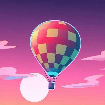 A single hot air balloon with a rounded canopy, featuring an intricate patchwork of colors including red, yellow, and blue, is floating in the sky. Its shape is clearly defined as it is silhouetted against a vibrant sunset. The sky transitions from deep orange at the horizon to shades of purple and pink higher up. Wispy clouds catch the warm colors of the sun, creating a dramatic backdrop. The balloon is positioned slightly off-center, emphasizing the vastness of the sky around it.