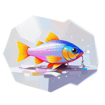 A brightly colored fishing lure designed to imitate a tiny coral reef. The lure features vibrant shades of blue, pink, and yellow, resembling coral formations. Small, intricate details of textured surfaces simulate the appearance of coral polyps, while tiny holographic elements reflect light to enhance attraction. The lure is equipped with sharp hooks at the base and a streamlined shape that suggests movement in the water. Surrounding the lure are small splashes of water, adding to the sense of liveliness and activity.