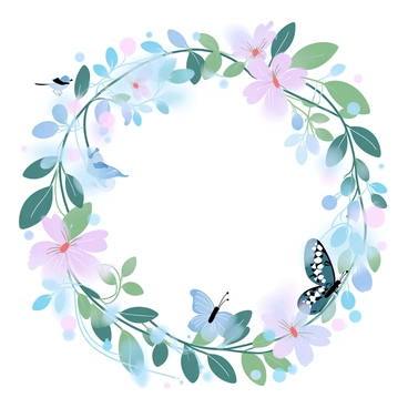 A frontispiece featuring an array of botanical elements, including a variety of colorful flowers, lush green leaves, and delicate vines. Among the flora, several butterflies and small birds are depicted, resting on the flowers and branches. The overall composition is vibrant, showcasing the diversity of plant life with intricate details of each species. The background includes soft gradient pastel colors blending harmoniously to enhance the natural beauty of the scene.
