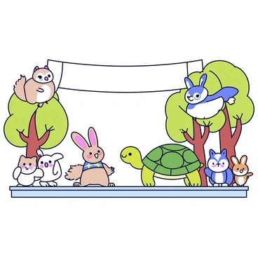 A tortoise with a green, textured shell stands at the starting line, looking determined. Beside the tortoise, a hare with fluffy white fur and long ears twitches in anticipation. The starting line is marked by a simple white banner overhead. Surrounding them are various forest animals, including a cheerful squirrel with a bushy tail, a wise owl perched on a branch, and a group of excited rabbits. Each animal has a joyful expression, adding to the atmosphere of excitement. The background features trees with green foliage, setting the scene in a lively forest environment.