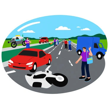 A motorcycle lying on its side on a busy highway. The scene includes several other vehicles involved in the pileup, such as a red car with a crumpled hood and a blue truck with its back partially open. The highway is lined with tire marks and debris scattered across the asphalt. Emergency responders are present, with bright yellow and red lights flashing, and a few people standing nearby, some pointing and others on their phones. The sky is clear, but the atmosphere is tense due to the accident.