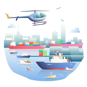 An RC helicopter with a sleek design is hovering in the sky, capturing a bird's-eye view of a busy harbor. Below, multiple ships of various sizes are docked and sailing, including a large cargo ship with colorful containers stacked on its deck. The harbor is bustling with activity, featuring small fishing boats and yachts navigating the water. The surface of the water is gently reflecting the sunlight, creating a shimmering effect. Surrounding the harbor are warehouses and buildings, and a few seagulls can be seen flying above. The scene conveys a sense of motion and liveliness in the harbor environment.