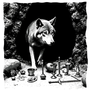 A wolf with grey fur is cautiously approaching the entrance of a hidden cave. The cave's mouth is partially obscured by overgrown vines and moss, hinting at its seclusion. Inside the cave, various medieval treasures are scattered about, including ornate gold goblets, rusted swords, and intricate jewelry. The walls of the cave are rocky and uneven, with patches of light filtering in from outside, illuminating the treasures with a soft glow. The wolf's eyes are alert and focused as it enters this mysterious treasure-filled space.