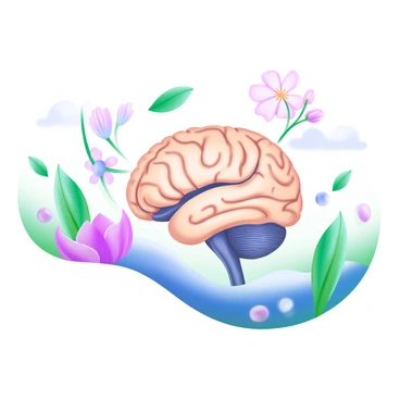 A pastel illustration of a human brain, depicted in soft colors with intricate details highlighting its structure. Surrounding the brain are various nature elements such as delicate leaves, soft flowers, and gentle waves. The leaves are in shades of green, while the flowers bloom in pastel pinks and blues. The background features subtle hints of a clear sky, enhancing the overall calm atmosphere of the composition.