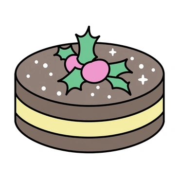 A round festive holiday gateau with layers of rich chocolate and vanilla cream. The surface is smooth and glistening with edible glitter. Delicate snowflakes, made of sugar, are sprinkled across the top. The cake is decorated with vibrant red and green frosting, shaped into holly leaves and berries. A thin ribbon of gold encircles the base of the gateau, enhancing its festive appearance.