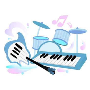 A collection of musical instruments created entirely from keyboard keys is displayed. The scene features a guitar with a body made of white and black keys arranged artistically. Next to it, a keyboard piano is showcased, with keys serving as both an instrument and part of the design. A vibrant drum set stands in the background, with drums crafted from clusters of keys. Several musical notes are floating around the instruments, symbolizing the music they create. The overall composition is colorful, with a blend of pastel shades enhancing the visual appeal.