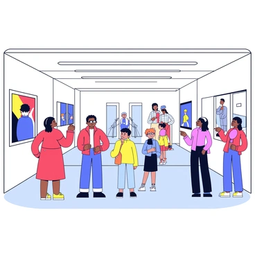 A modern art gallery with bright white walls and polished wooden flooring. Several diverse pieces of artwork are displayed around the room, including a large abstract painting with bold colors, a sleek metal sculpture, and a series of framed photographs. A group of visitors, including a woman in a red dress, a man with glasses, and a child holding a balloon, are standing together, observing the art. Some visitors are pointing at the artwork, while others are discussing among themselves. Natural light streams in from large windows, illuminating the space.