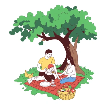 A large oak tree with a thick trunk provides shade over a family enjoying a picnic. The family consists of four members: a father sitting on a checkered blanket, a mother smiling as she hands a sandwich to a child, and a young child playing with a toy next to them. Beside the blanket, there is a woven picnic basket filled with colorful fruits and snacks. The grass around is lush and green, and a gentle breeze rustles the leaves of the oak tree above.