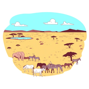 A bird's-eye view of a vast savannah with expansive grasslands stretching towards the horizon. Heres of wildebeest and zebras are scattered across the landscape, grazing peacefully. A few elephants can be seen near a watering hole, their large silhouettes contrasting against the golden grass. In the distance, acacia trees dot the landscape, providing shade for smaller animals. The sky above is a bright blue, with a few fluffy white clouds drifting lazily. The scene captures the essence of wildlife in its natural habitat.