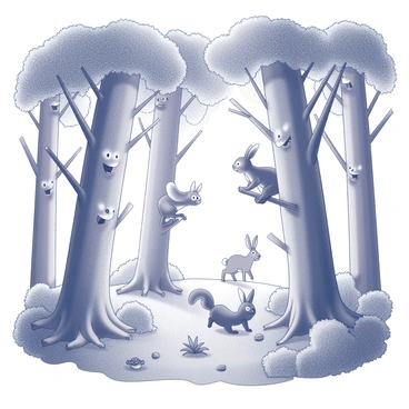 A dense forest filled with trees that have faces and expressions of joy. The trunks are thick and gnarled, with branches extending outward, creating an intricate canopy overhead. Among the trees, various playful animals can be seen. A squirrel is perched on a low branch, its tail curled with excitement. A rabbit hops through the underbrush, ears perked up in curiosity. In the distance, a deer peeks out from behind a cluster of bushes. The forest floor is littered with fallen leaves and small plants, adding to the lively atmosphere.