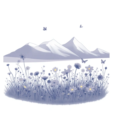 A vast meadow filled with various wildflowers swaying gently in the breeze. The flowers are visually distinct, with a range of shapes and sizes. Butterflies are seen fluttering above the flowers, their wings delicately open as they move from bloom to bloom. In the background, a mountain range rises majestically, creating a stark contrast with the flatness of the meadow. The mountains are rugged and detailed, with peaks that appear sharp against the sky.