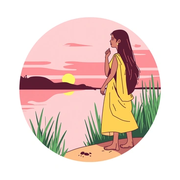 A Bengali girl dressed in a vibrant yellow saree stands gracefully by the riverbank. Her long, flowing black hair cascades down her back as she gazes thoughtfully at the sunset. The sky is filled with shades of orange and pink, reflecting softly on the surface of the water. Beside her, tall green grass sways gently in the breeze, while a few small pebbles dot the sandy shore. The girl's expression is one of awe and tranquility, embodying a moment of connection with nature.