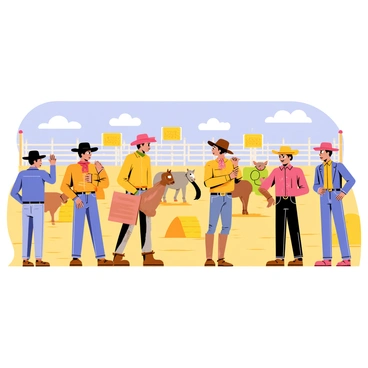 A group of six aspiring riders stands in a sunlit arena, surrounded by wooden fencing. Each rider wears a cowboy hat and sturdy boots, displaying a mix of excitement and nervousness. They listen intently to two expert instructors, who are demonstrating techniques to manage bucking broncos. The broncos, small and muscular, are in the background, tied to wooden posts. The scene is dotted with hay bales and rodeo banners, creating an authentic rodeo atmosphere. A clear blue sky is visible above, adding to the vibrant outdoor setting.