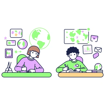 Two children are sitting at their desks, each in their own room, writing letters to each other. On the left, a child from one country is surrounded by colorful decorations on the walls, with a green desk and various art supplies scattered around. The child has short brown hair and is focused on writing in a notebook with a purple cover. 

On the right, a child from another country sits at a wooden desk with maps and posters of landmarks behind them. This child has curly black hair and is using a green pen to write in a letter. A globe is visible in the background, and both children have envelopes with stickers on their desk, ready to send their messages. Each child has a look of concentration on their face as they share their thoughts through their letters.