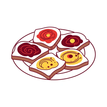 A beautifully arranged plate of toast artfully topped with colorful patterns of jam.