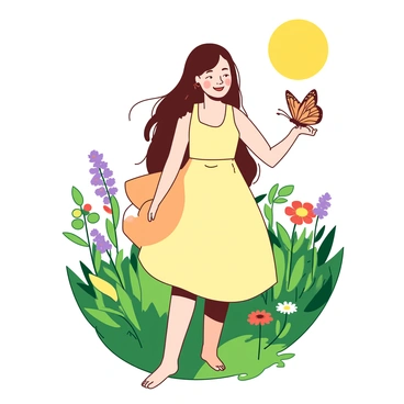 A person with long flowing hair wearing a light yellow dress stands in a green meadow. The sun is shining brightly in the sky, casting warm light over the scene. A delicate butterfly with vibrant orange wings gracefully lands softly on the person's right shoulder. In the surrounding meadow, colorful wildflowers are blooming, adding splashes of color to the green grass. The person smiles gently, enjoying the moment.