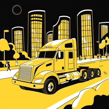 A sleek truck with a streamlined design is driving through a city at night. The truck has sharp angles and an aerodynamic shape, featuring glowing accents that highlight its contours. The cityscape in the background is filled with tall buildings, their outlines illuminated by yellow lights, creating a vibrant urban atmosphere. The streets are bustling with activity, with pedestrians walking along the sidewalks and other vehicles passing by. The sky above is dark, emphasizing the bright lights of the city and the truck.