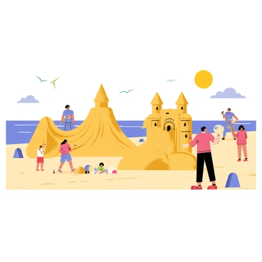 A group of artists is working in an open sandy arena by the sea, carefully crafting intricate sculptures from wet sand. Each artist is focused on their own sculpture, showcasing a variety of designs such as a large castle with towers, a detailed sea creature, and abstract shapes. The sun casts bright light on the scene, and gentle waves can be seen in the background, lapping at the shore. Seagulls are flying overhead, and a few spectators can be seen watching the creative process, adding to the lively atmosphere of the sandy beach.