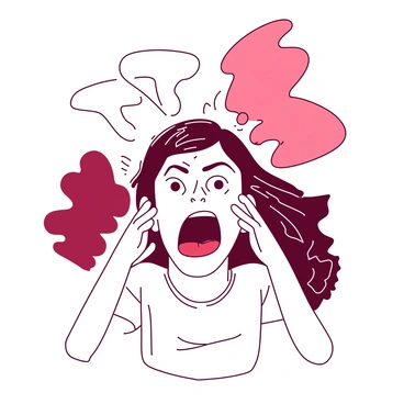 A person with an open mouth is positioned in the center of the image, portraying a wide scream. The expression on their face is intense, with eyes wide open and brows furrowed, conveying a sense of desperation. Their hands are clasped tightly at the sides of their head, emphasizing the struggle with their emotions. The background features abstract shapes in two contrasting colors, representing the chaos within, while the person stands out against this backdrop, symbolizing their isolation despite the dramatic expression.