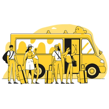 A group of tourists boarding a tour bus with suitcases in hand