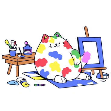 A fat cat sitting in an art studio. The cat is covered in splashes of colorful paint, showcasing vibrant hues of red, blue, yellow, and green. Around the cat are various art supplies, including brushes and paint tubes scattered on a table nearby. The floor is a wooden surface with random paint stains, and there are canvases leaning against the walls.