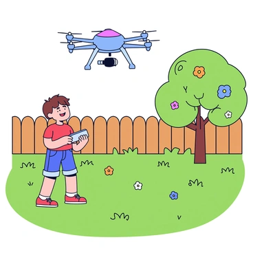 A toy drone hovering in the air, with bright colors and a lightweight design. Below the drone, a child with short brown hair is holding a remote control, looking up with excitement. The child is wearing a red t-shirt and denim shorts. The backyard is filled with green grass, dotted with a few colorful flowers. Sunlight streams down, casting soft shadows on the ground. In the background, there is a wooden fence and a small tree with lush leaves.