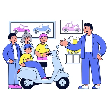 A friendly salesperson explaining moped features to curious customers