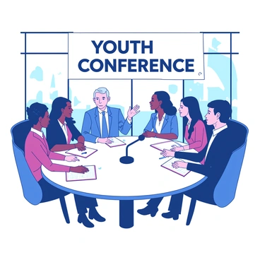 A grey-haired man is sitting at a round table, engaging in conversation with a group of five young leaders. The young leaders are of diverse backgrounds, each wearing business attire, and are attentively listening and taking notes. The man is gesturing with his hands as he speaks, showing enthusiasm and encouragement. The setting is a spacious conference room with large windows allowing natural light to flood the space. On the table, there are notebooks, pens, and a microphone placed in the center for the discussion. Behind them, a banner displays the words "Youth Conference" in bold letters.