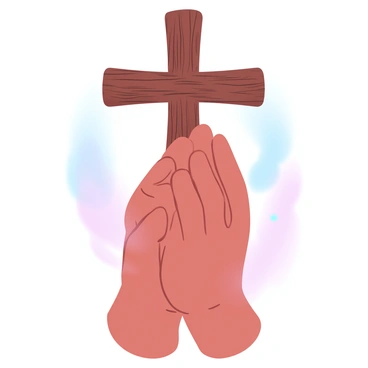 A pair of hands is positioned in a prayer gesture, with fingers interlaced, resting just in front of a large wooden cross. The cross stands tall, with a rugged texture, surrounded by a soft glow. Behind the cross, the scene is filled with gradient pastel colors, creating a serene backdrop. The hands are detailed, showing delicate skin texture, and the light reflects gently off the surface, adding depth to the image.