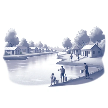 A river flows gently through a village. People are gathered along the water's edge, filling containers with water. Some individuals are standing in the shallow part of the river, while others are kneeling beside it. Surrounding the river are modest houses with thatched roofs and small gardens. The trees lining the riverbank provide shade and add to the peaceful atmosphere. The sky above is clear, enhancing the tranquil scene of daily life in the village.