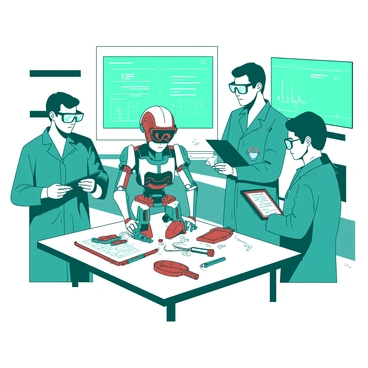 A group of engineers is gathered in a high-tech lab, focused intently on assembling a robot. The engineers are wearing matching teal lab coats and safety goggles. Tools and components are spread out on a large white table in front of them. The partially assembled robot stands in the center, featuring a sleek design with red accents. One engineer is holding a tool, while another is connecting wires, and a third is reviewing a blueprint on a tablet. High-tech screens display various data and schematics on the walls around them.