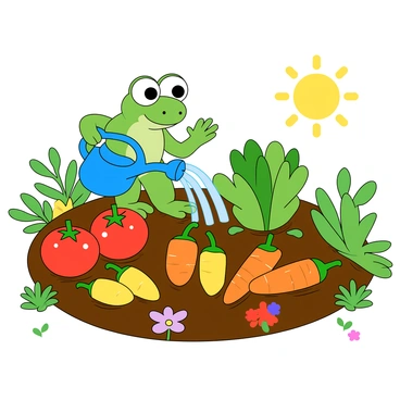 A green frog with large, expressive eyes is standing in a vibrant vegetable garden. The frog is holding a bright blue watering can, pouring water onto a row of colorful vegetables. The garden features ripe red tomatoes, yellow bell peppers, and orange carrots, all growing in rich, dark soil. Bright green leaves surround the vegetables, and a few colorful flowers are sprinkled throughout the garden. The sun shines down, illuminating the scene and creating a cheerful atmosphere.